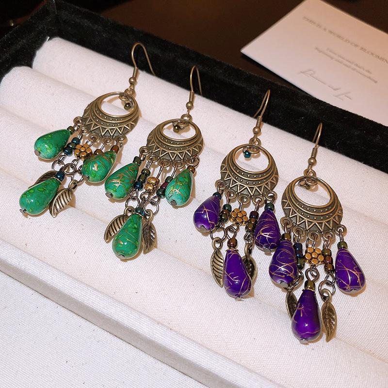 New Chinese Flower Round Drop Tassel Ear Hook Ethnic Style Retro Female Drop Earrings Fashion Personality Earrings for Women