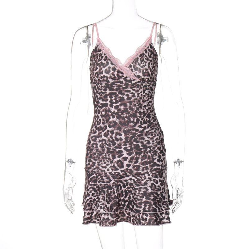 

2024 American Gyaru Sexy Leopard Print Print V-neck Suspender Skirt A- Line Dress Lace Backless Dress Pink L