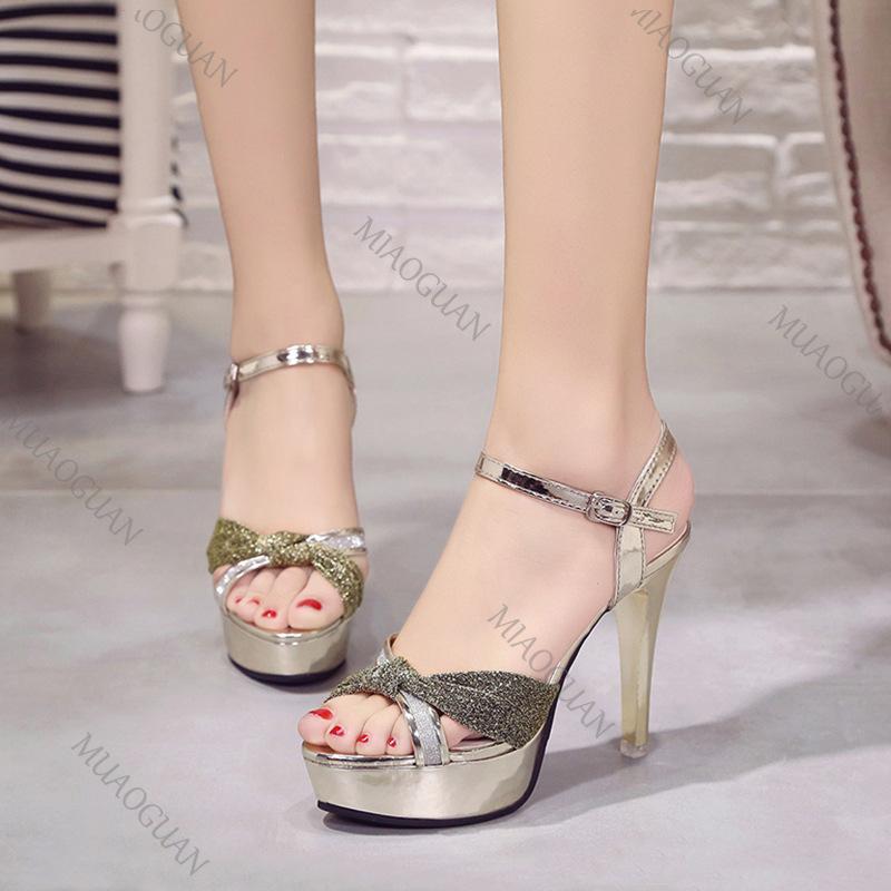 Fashion Summer New Fashion Women Sandals Platform Sequins Bow Open Toe Super High Heels Sandales Female Nightclub Heeled Women's Shoes