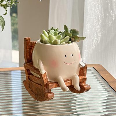 Rocking Chair Smily Face Planter Outdoor Unique Sit Rocking Chair Flower Pots Funny Planter Pot with Drainage Holes for Indoor Outdoor Plants