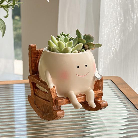 Rocking Chair Smily Face Planter Outdoor Unique Sit Rocking Chair Flower Pots Funny Planter Pot with Drainage Holes for Indoor Outdoor Plants