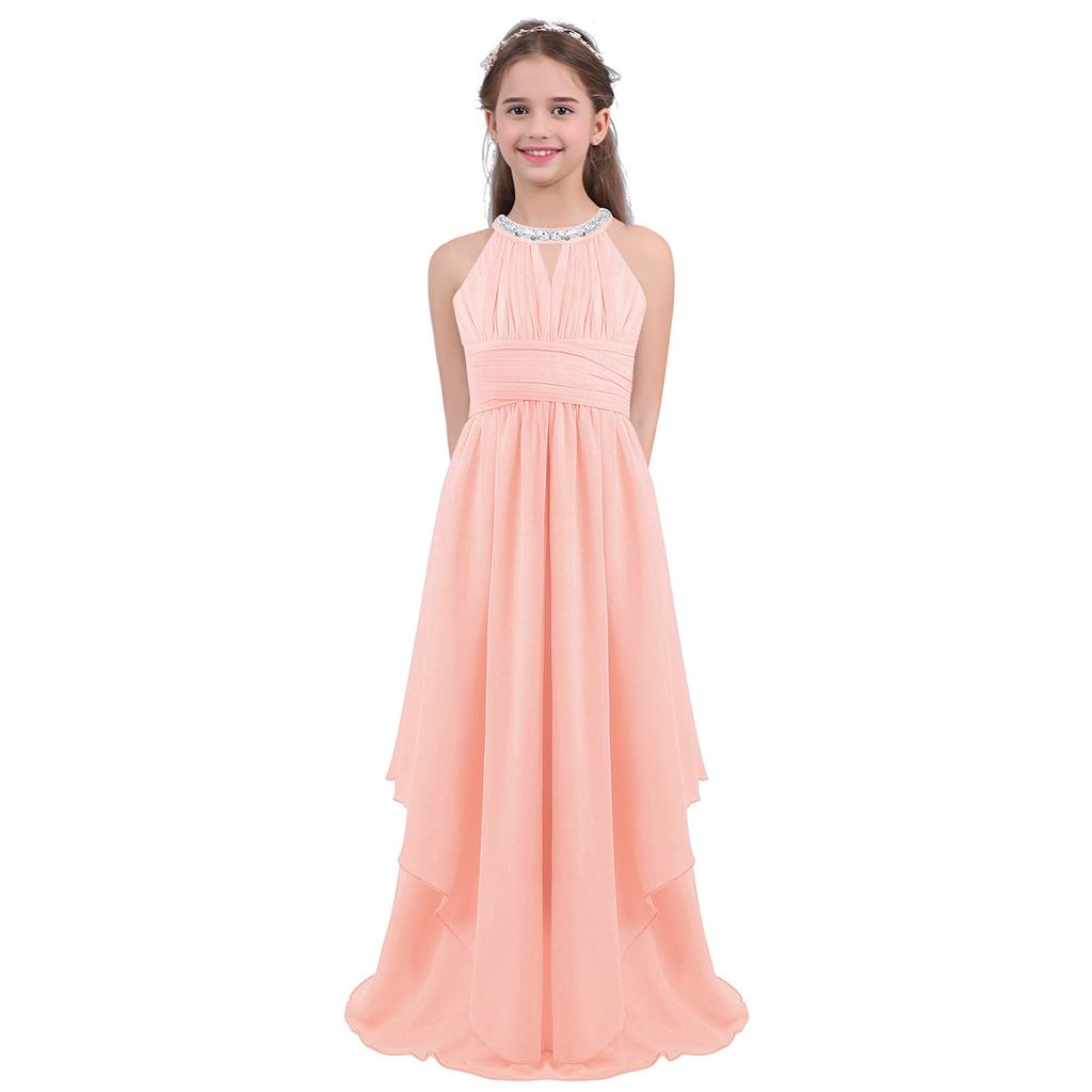 Girls Sequins High Neck Ruched Bust A Line Chiffon Maxi Dress Junior Bridesmaid Wedding Formal Gown