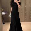 Summer Black One-word Shoulder Off-the-shoulder Short-sleeved Dress Female Royal Sister Wind Slim-fitting Waist A-word Long Dress Wholesale