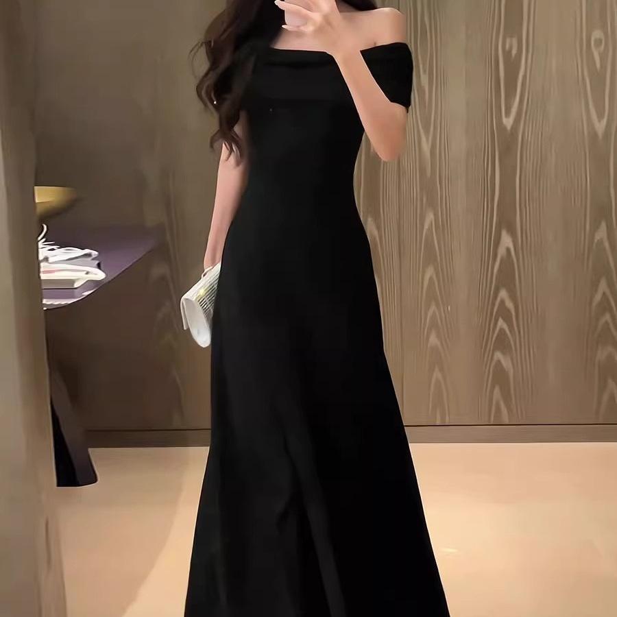 Summer Black One-word Shoulder Off-the-shoulder Short-sleeved Dress Female Royal Sister Wind Slim-fitting Waist A-word Long Dress Wholesale