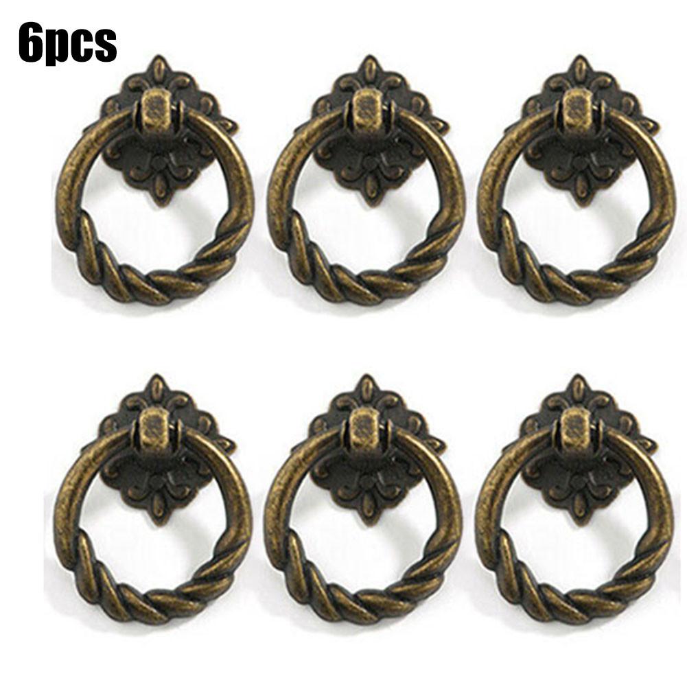 6pcs Retro Furniture Handle Cabinet Knob Drawer Dresser Pulls Cupboard Drop Ring Pull Handle Vintage Furniture Hardware