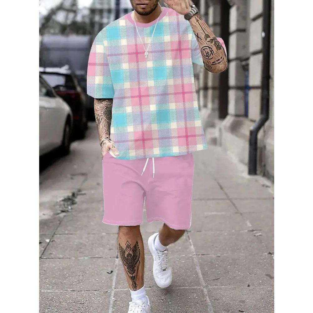 Summer Men's Fun Colorful Creativity 3D Printing Casual Sports Round Neck Short Sleeved Set Fashionable Comfortable Breathable Large Size Sports Wear