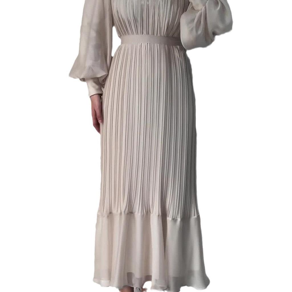 Spring & Autumn Temperament Long Dress: Solid Color Mesh Stitching with Pleated Ruffle Hem