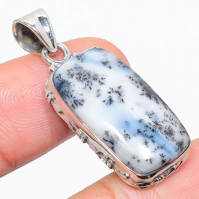 Doğal Dendrit Opal Değerli Taş 925 Katı Gümüş Hediye Kolye 1.75" K0j58
