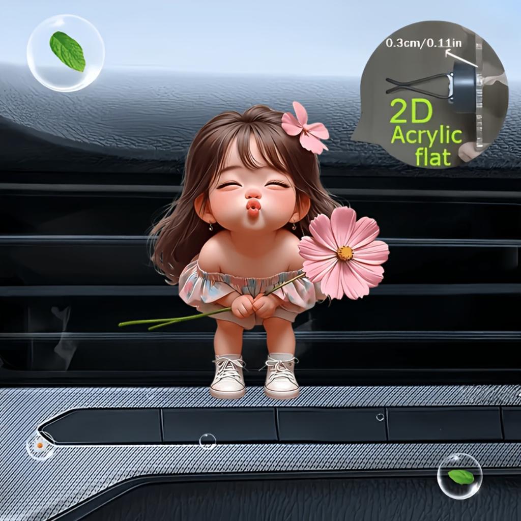 2D Platte Acryl Meisje met Roze Chrysant Geurloze Auto Ventilatierooster Diffuser Clip Met Dubbele Geurloze Sponsjes Auto Accessoire