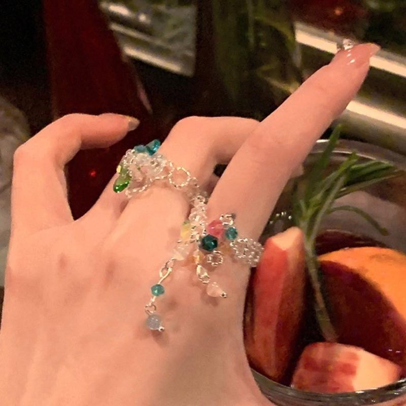 Fashionable Crystal Beaded Floral Rings Tassels Flower Rings Adjustable Finger Rings Jewelry Stylish Accessory for Women