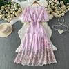 Summer Vintage Hollow Out Embroidered Midi Dress Women's V-neck Short Sleeve Elastic Waist Slim Long Dress