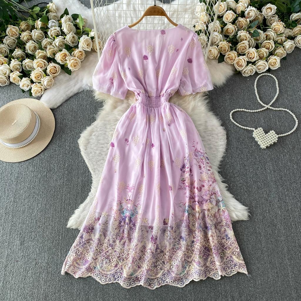 Summer Vintage Hollow Out Embroidered Midi Dress Women's V-neck Short Sleeve Elastic Waist Slim Long Dress