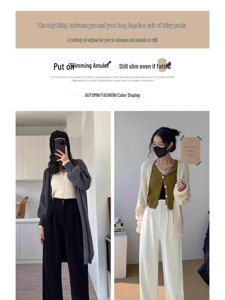 Women's White Corduroy Wide-Leg Pants with Velvet Lining, Petite Fit, Straight Leg - Autumn/Winter.