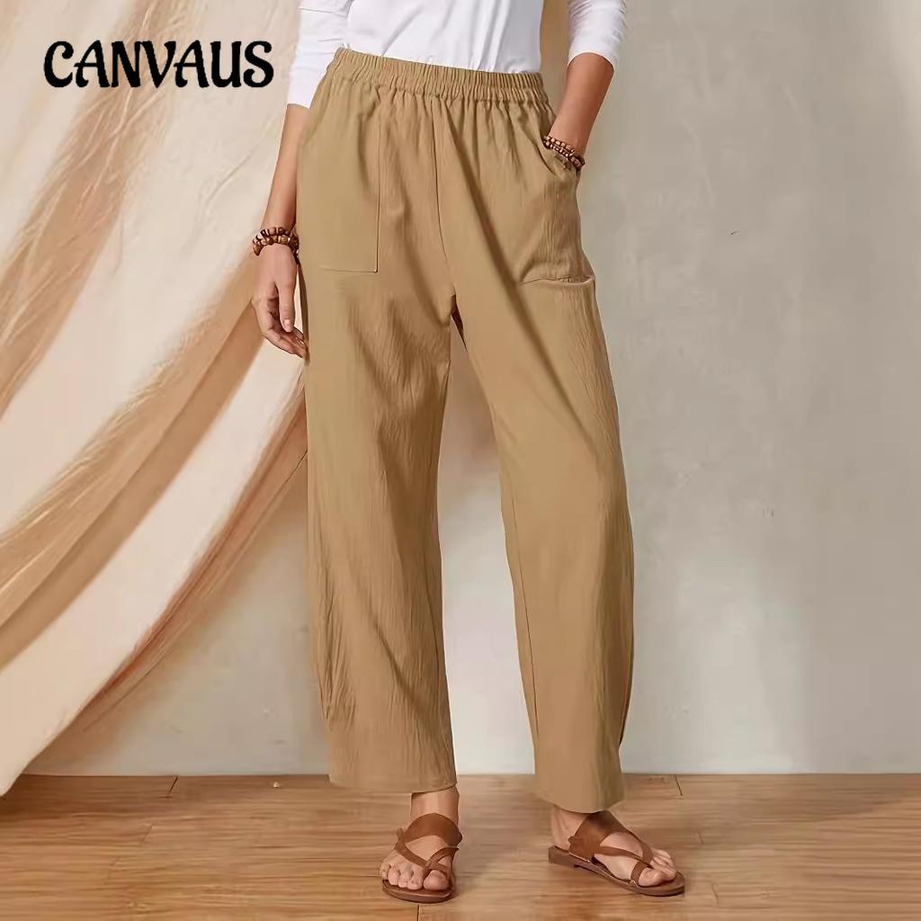 Femei de primăvară și de vară Plus Size culoare solidă buzunare talie elastică pantaloni largi casual cu picior larg