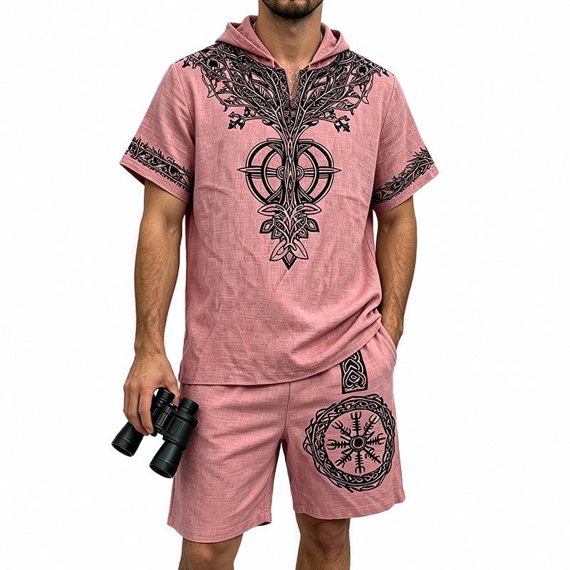 Men's European and American Casual Breathable Bamboo-Linen Hooded Shorts Set