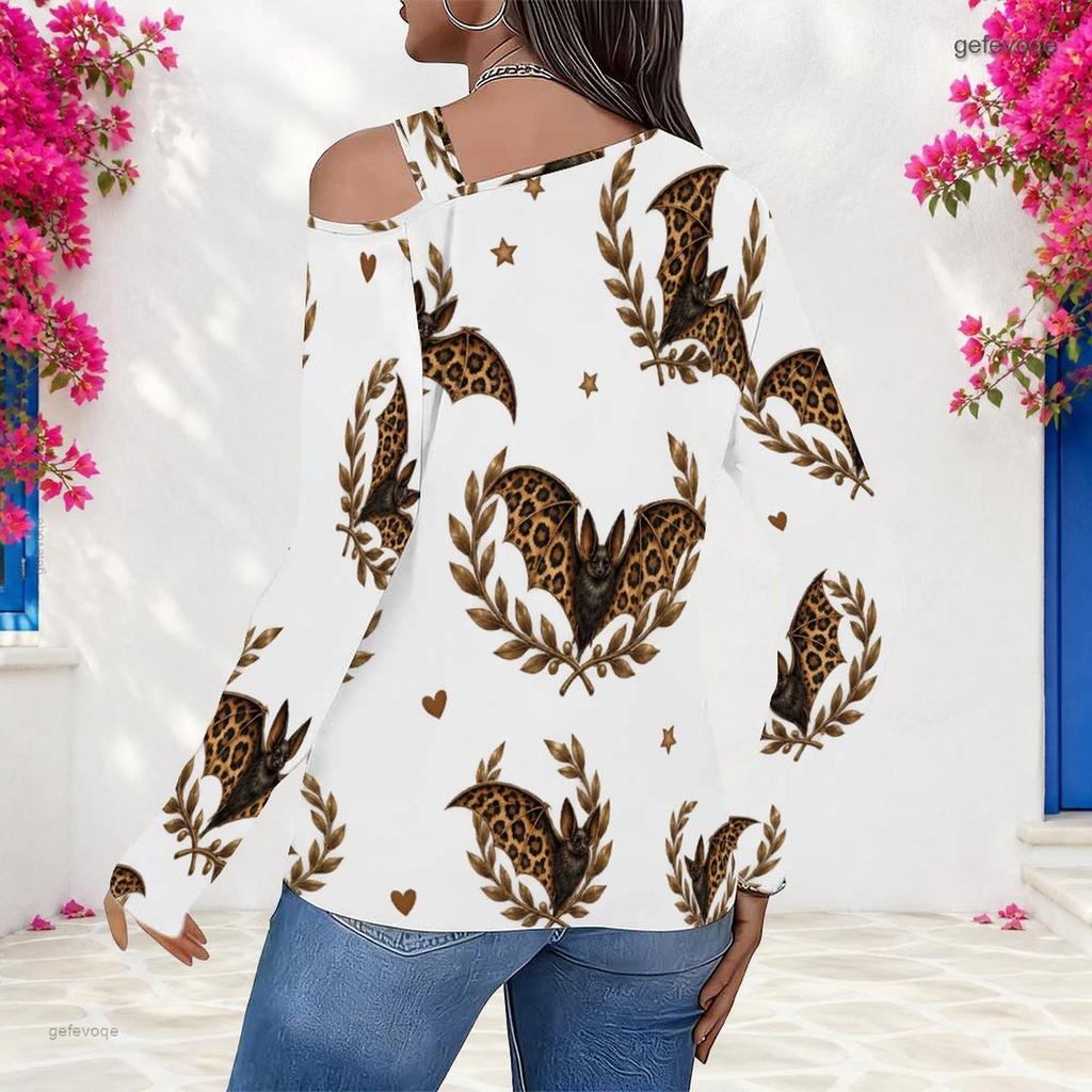 Women Plus Size Asymmetric Cutout Neck Cold Shoulder Long Sleeve Leopard Moth Print White Fitted Top