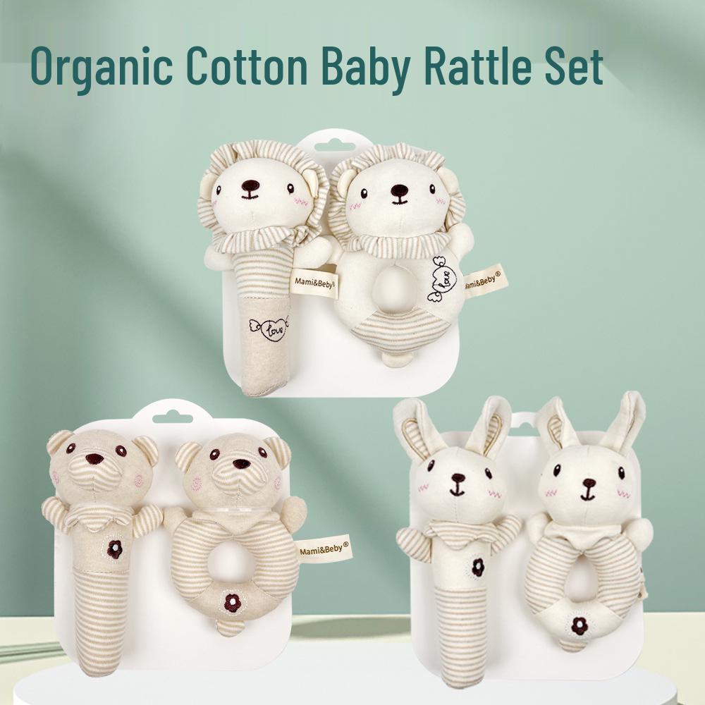 Mamibeby Organic Cotton Baby Toy Set: Cute Animal Hand Rattle & Squeaky Stick
