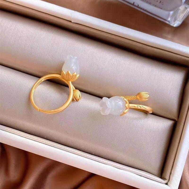 New   Natural Hetian Jade Lotus Handmade Female Model Atmospheric Retro Temperament Open Ring