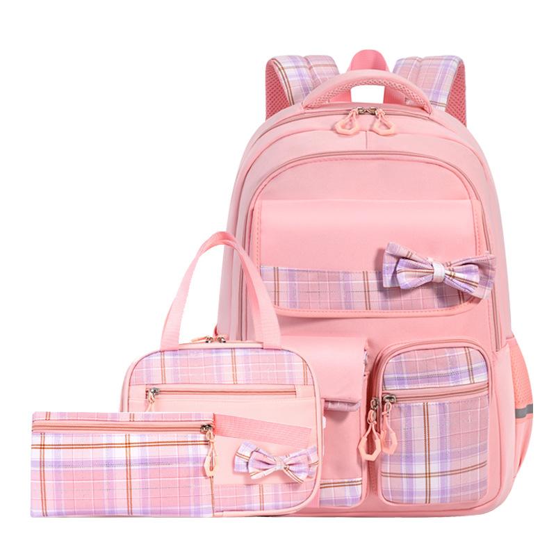 3pcs/set School Backpack for Girls Bookbag Elementary Middle School Bags Student Cute Plaid Backpack with Lunch Bag Pencil Bag