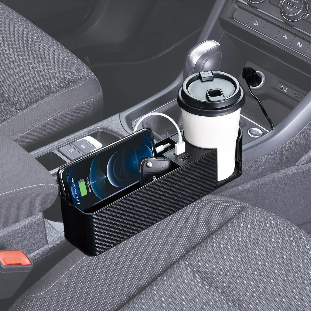 SEIWA WA82 Kieszeń boczna na siedzenie z włókna węglowego z podwójnym portem USB na napoje, automatyczny organizer na siedzenie samochodowe, uchwyt, schowek, wyjście 4,8A, identyfikacja,
