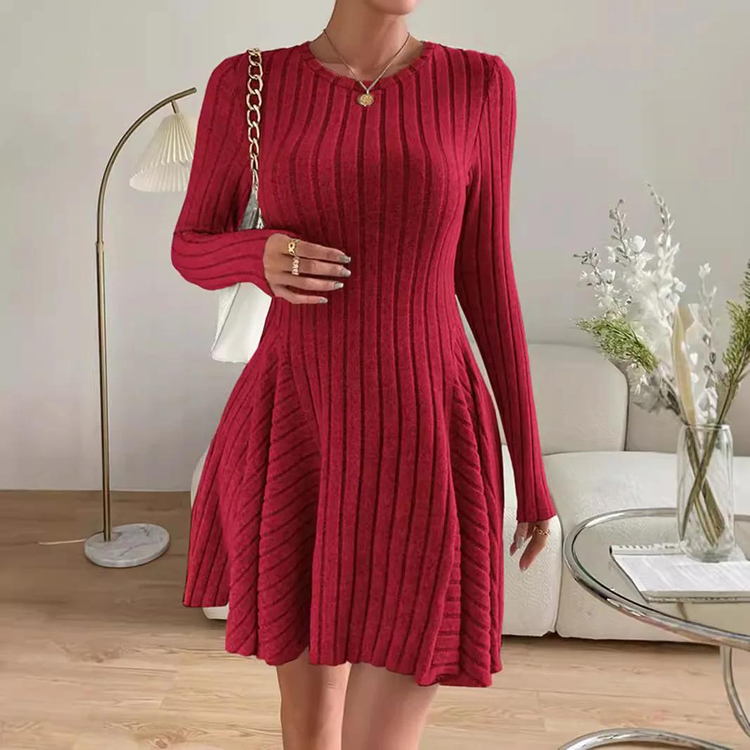 

2026 Spring Fashion Slim Purple A-line Mini Dress Women Soft O-neck Bodycon Dress Long Sleeve Elastic Knitted Wedding Dresses XL червоний