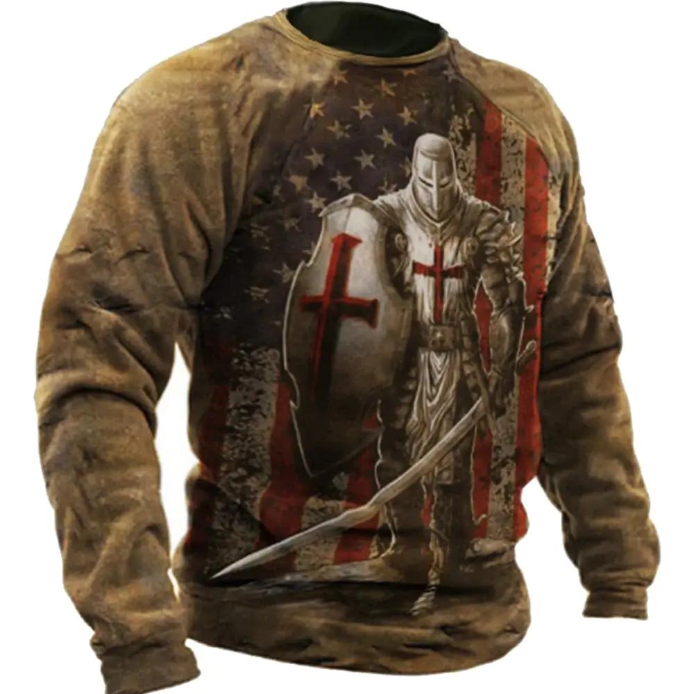 

Вінтажна футболка з візерунком Crusader Knight. Чоловіча бавовняна футболка з довгим рукавом і 3D-принтом. Повсякденний світшот з круглим вирізом Harajuku 2024 M