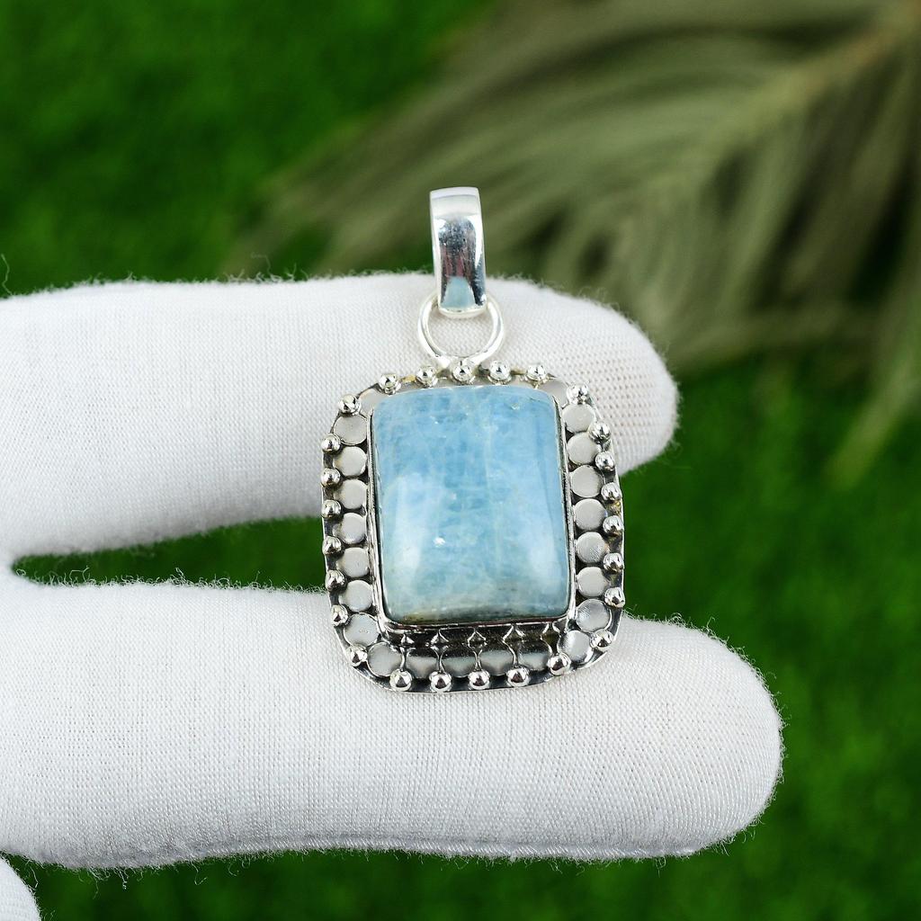 Natural Aquamarine Gemstone Indian Jewelry 925 Sterling Silver Pendant For Women