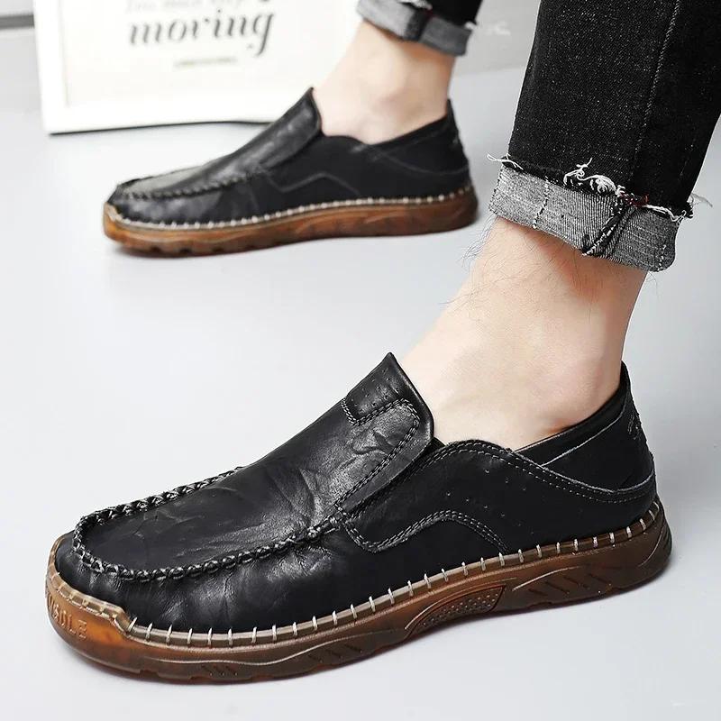 Fashion Handmade Men's Classical Casual Leather Shoes Lightweight Durable Waterproof Antiskid Flat Shoes for All Seasons for Walk Travel