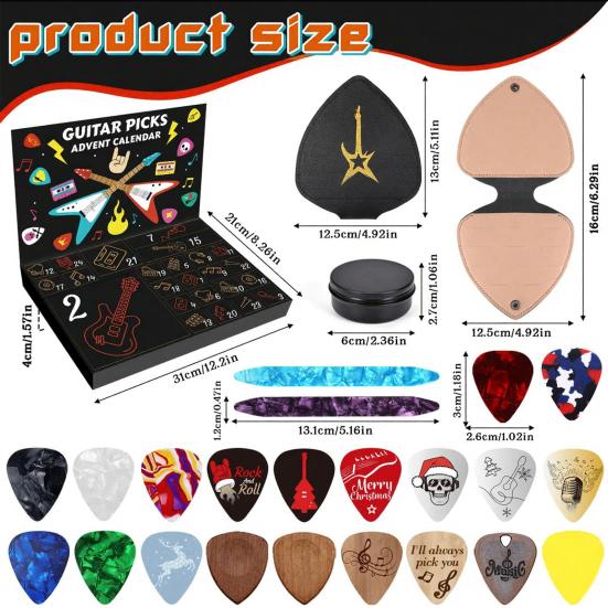 Yousheng Gitar Pena Takvimi 2025 24 Gün Geri Sayım 20 Gitar Pena 2 Ud Pena Suni Deri Pena Tutucu Metal Kasa Noel Hediyeleri