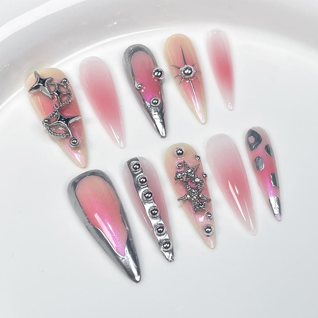 Handmade Long Stiletto Press On Nails Reusable Butterfly Diamond Decor Full Cover Artificial False Nails