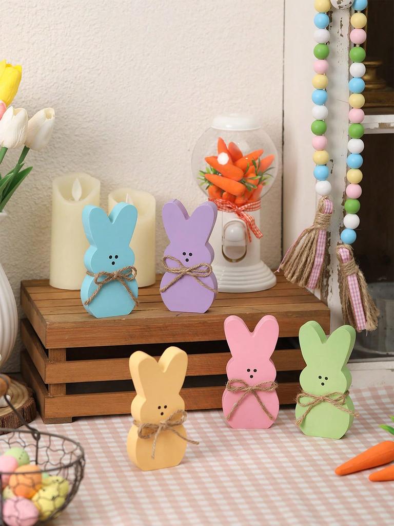 Wooden Bunny Decorative Plates, Multi-Tier Tray Centerpiece, Rabbit Shaped Tabletop Decor With Jute Rope, Independent Decoration For Spring