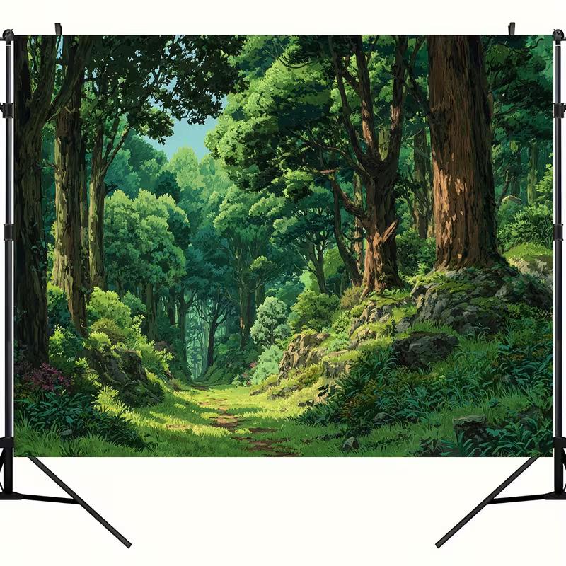 2D Green Nature Forest Backdrop Anime Woodland Scenery Photo Booth Background