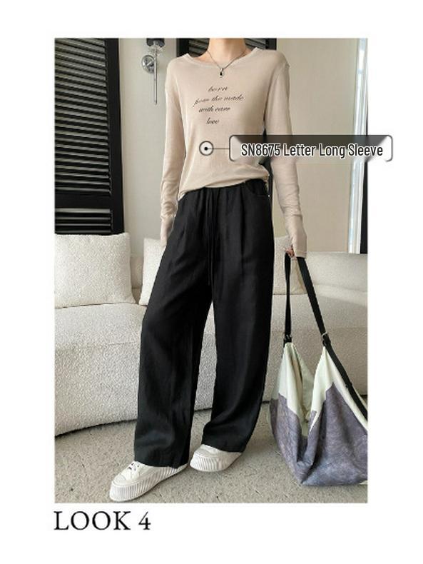 Sinan Tencel Linen Drawstring Wide-Leg Floor-Length Casual Pants SN8668