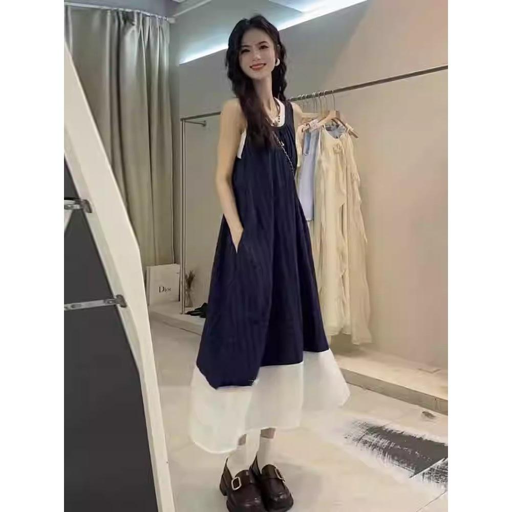 Blue plaid sleeveless dress French literary style Mori retro small fresh holiday suspender vest long dress