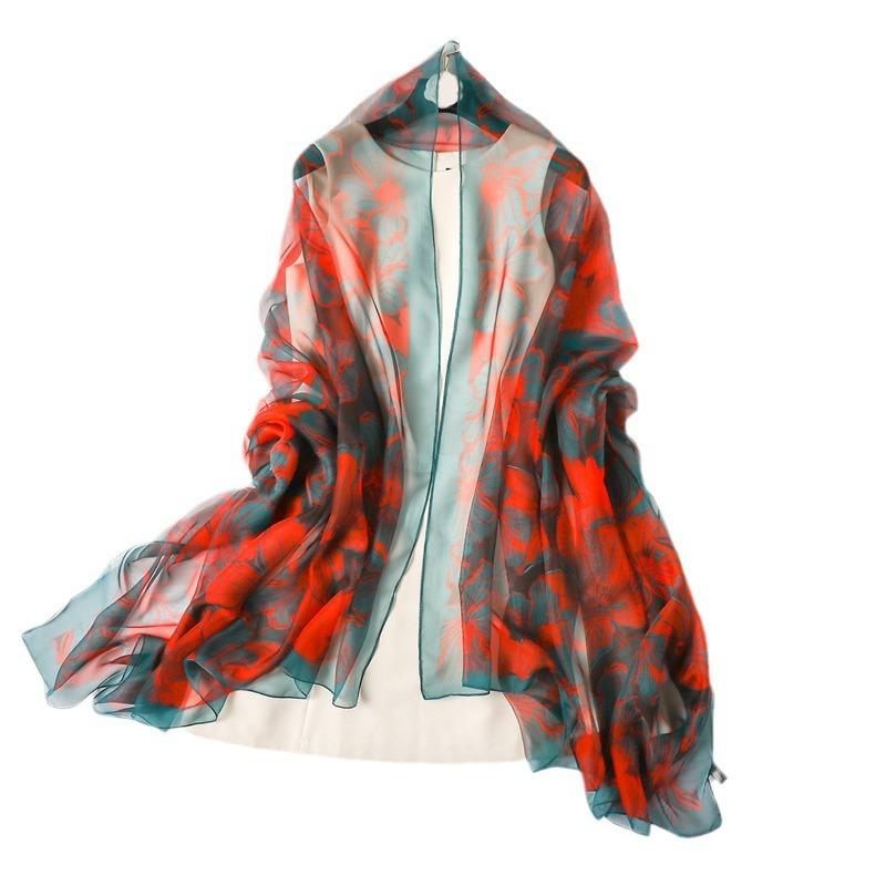 Large size flower simulation silk commuting sunscreen light luxury silk scarf large shawl soft yarn scarf temperament pattern scarf women