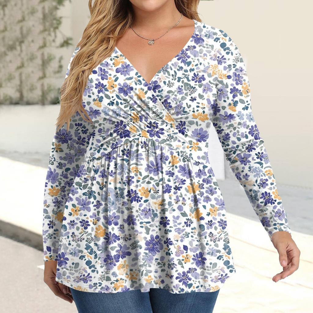 Women's Plus Size Shirt Long Sleeve  Print Top Pleated Casual V-Neck Top