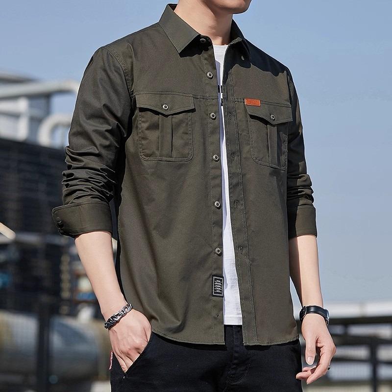 Long-sleeve Shirt for Men, Spring and Autumn, Pure Cotton Casual Jacket, Outdoor Work Shirt, Loose Fit, Plus Size Men's Top, Trendy