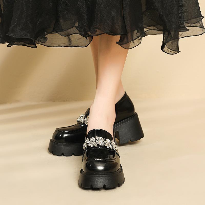 Thick-soled small leather shoes women's new retro versatile black leather square head thick heel single shoes