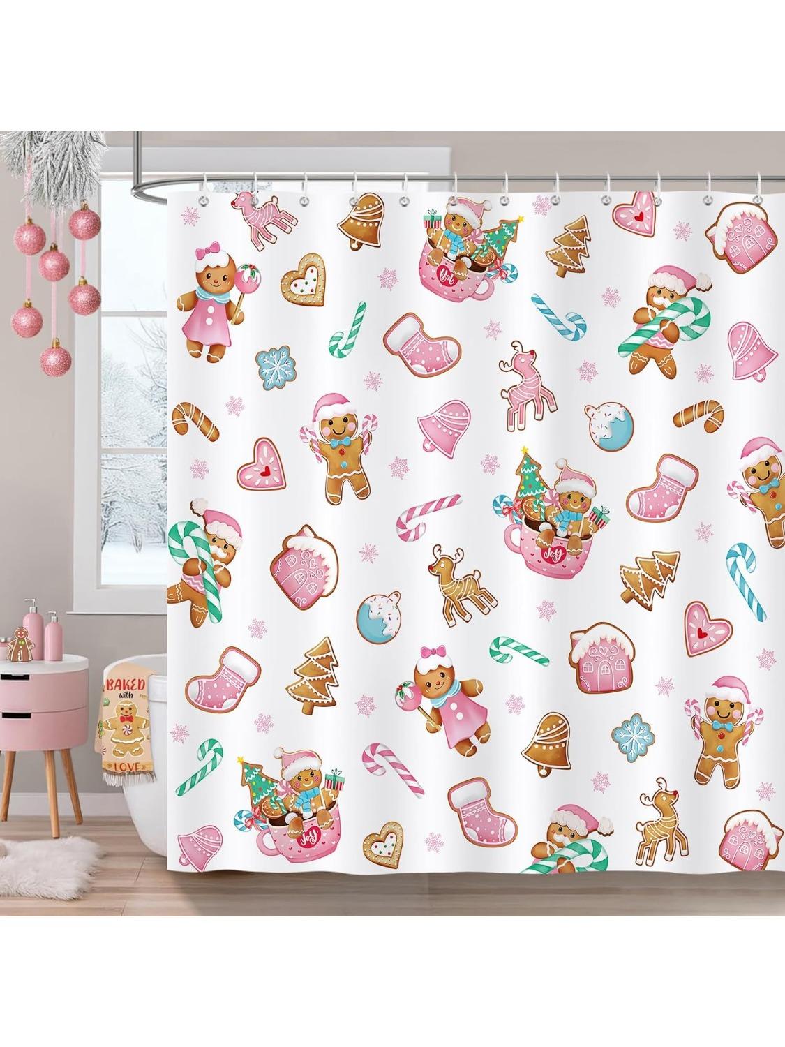 

Christmas Gingerbread Shower Curtain, Pink Candy Cane Mitten House Winter Holiday Bathroom Decor Polyester Fabric Waterproof W60H190(CM)-1 Pcs