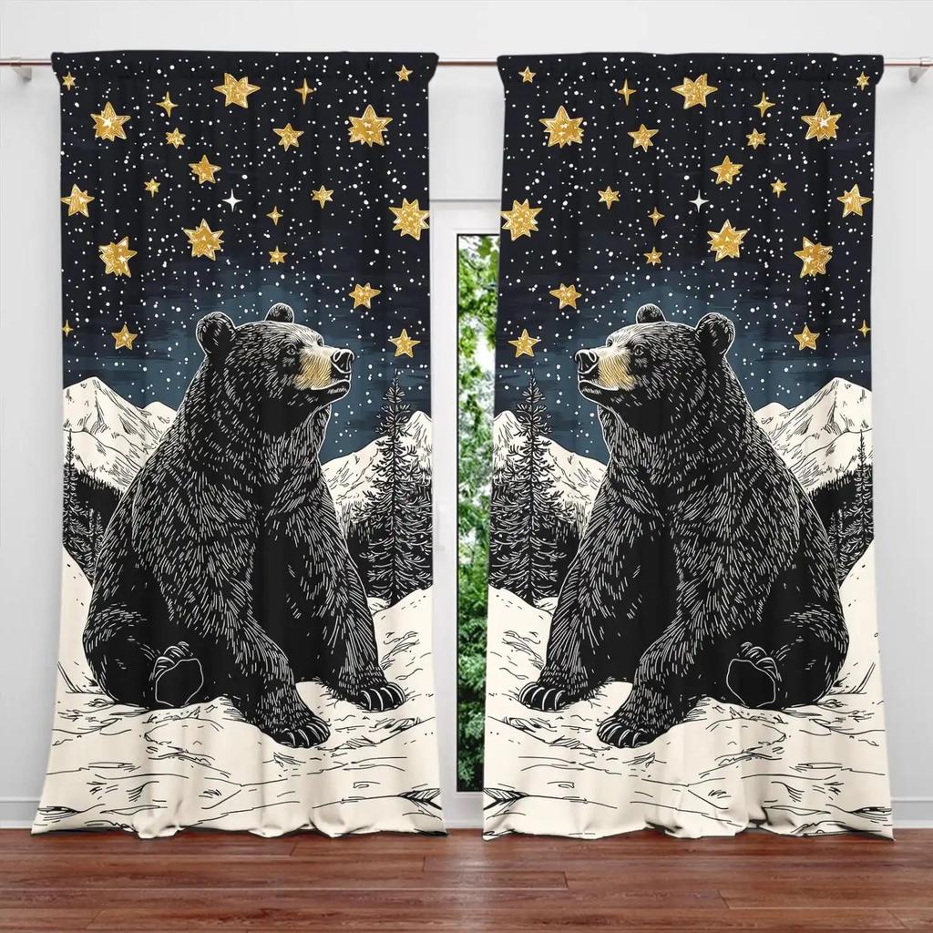 2pcs Starry Bear Pattern Curtain  Blackout  Polyester  for Holiday Window Decor  Home Decor  Rod Pocket Curtain