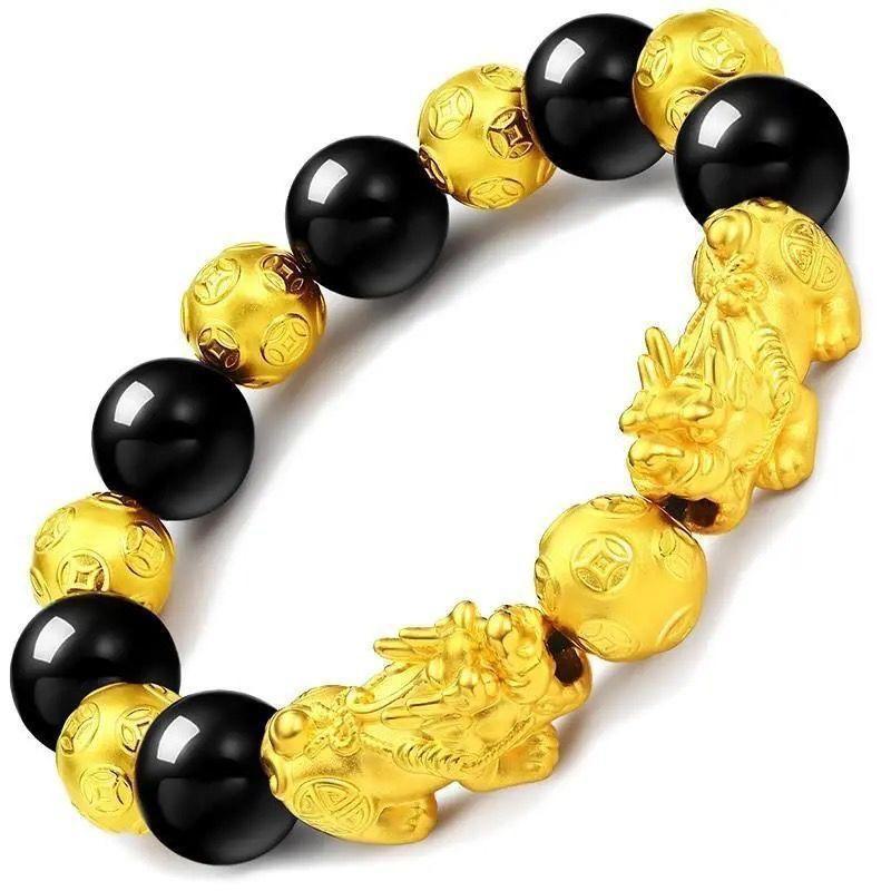 Gold-Plated Alloy Pixiu Couple Bracelets for Men & Women - Exquisite Buddhist Bead Jewelry Gifts