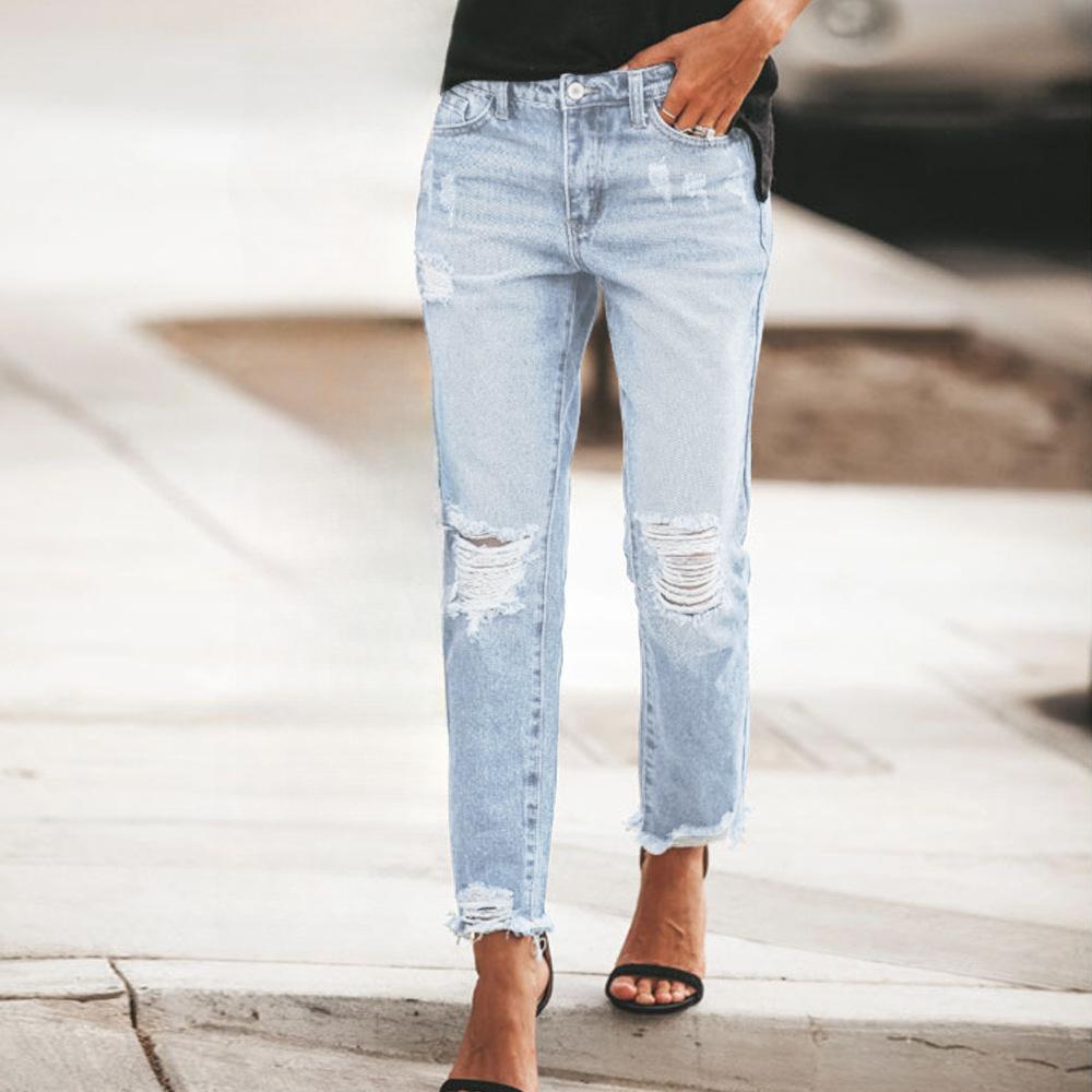 IHUASU Summer Denim Temperament Broken Holes Trousers Women's Casual Trousers