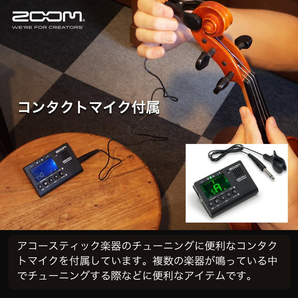 ZOOM Tuner Metronome for Instrument Chromatic 5 Tuning Contact Microphone Included ZTM-1 & Practice, Compatible, Guitar, Bass, Ukulele, Violin, Modes,