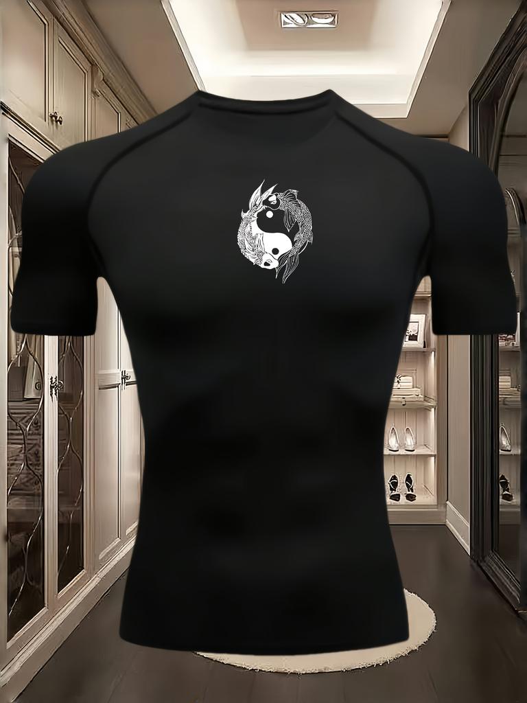 Men's Black Compression T-Shirt with Yin Yang Dragon Print, Elastic Quick Drying Breathable Gym & Martial Arts Training Top