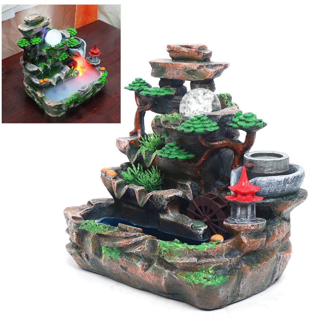 Decorative Resin Fountain with LED Light & Mist Maker - Hand Painted Tabletop Fountain - Multicolor Home Decor for Office Desk