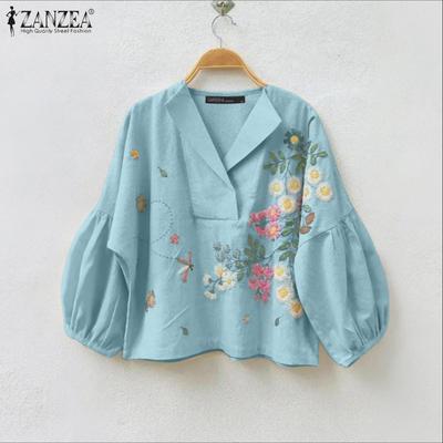 Damen Freizeit V-Ausschnitt Locker Langarm Blumenbluse