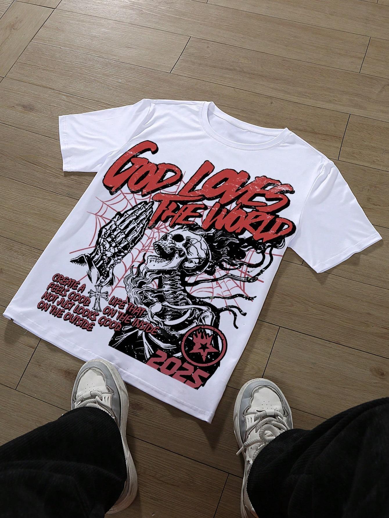 

Manfinity EMRG Men Women Casual Skull Slogan Printed Short Sleeve T-Shirt Retro Y2K Round Neck Summer Fashion Tee Casual Tops 4XL