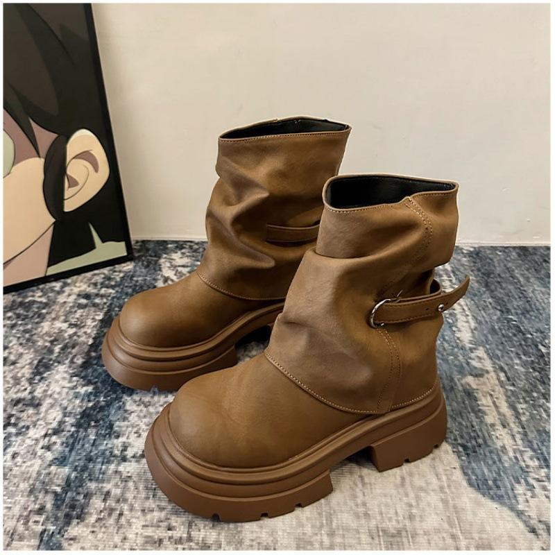 Maillard короткие ботинки Мартин женские 2025 осень и зима новые коричневые британский стиль ретро круглый носок платформа брюки ботинки 35