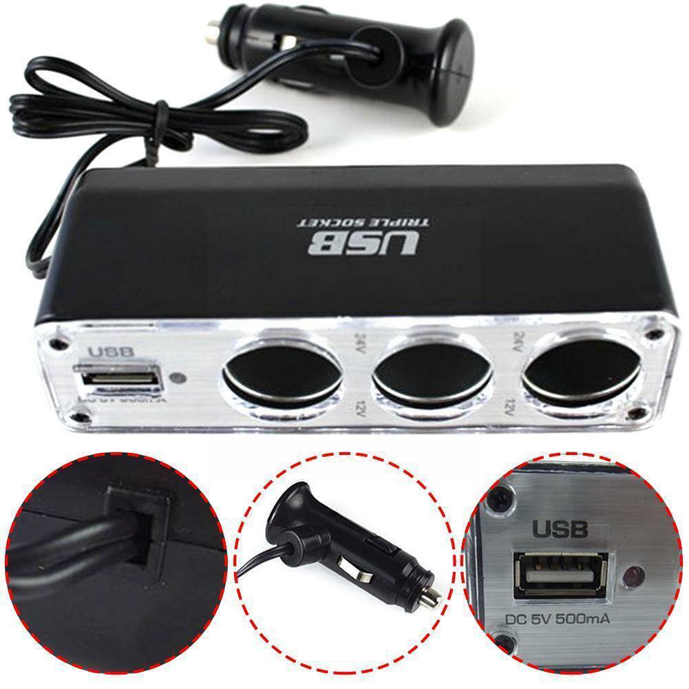 3 Way Multi Socket Car Cigarette Lighter Splitter USB Port Plug With 12V/24V Charger Charger Adapter USB Triple Car charger