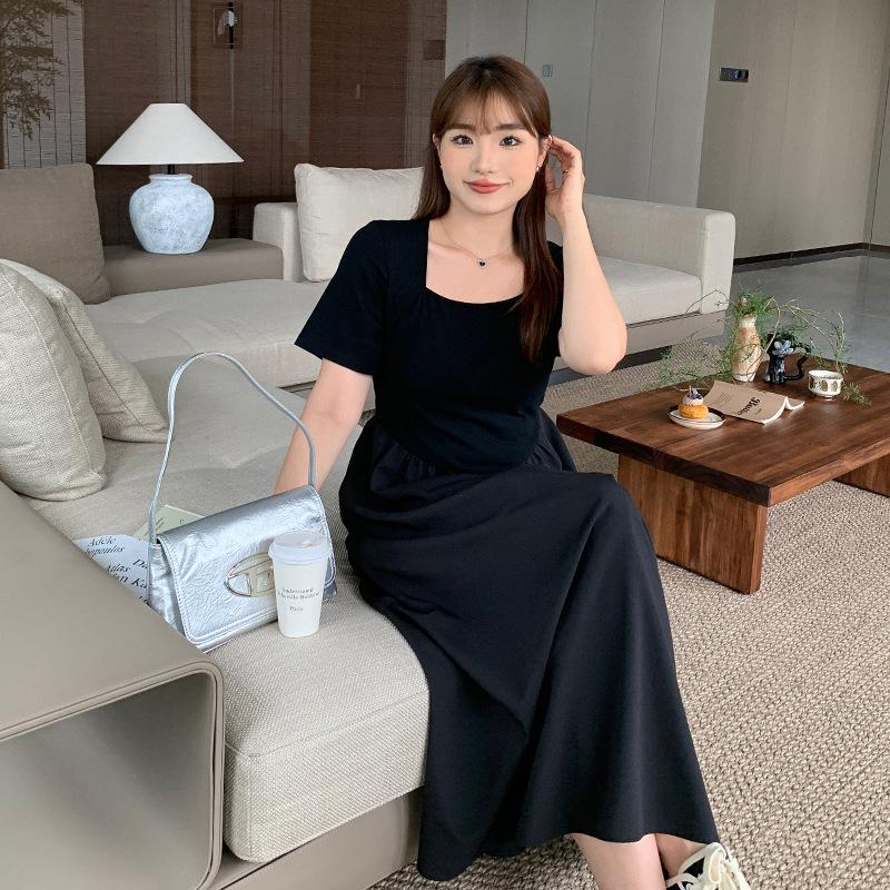 Chic Square Neck High Waist Plus Size Dress - 2025 Korean Summer Style, Tea Dress